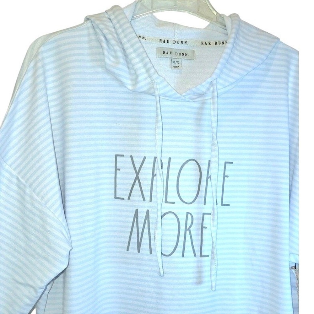 Rae Dunn Hoodie Sweatshirt Pullover Womens XL Top Stripe Long Sleeve Blue White - Picture 3 of 16